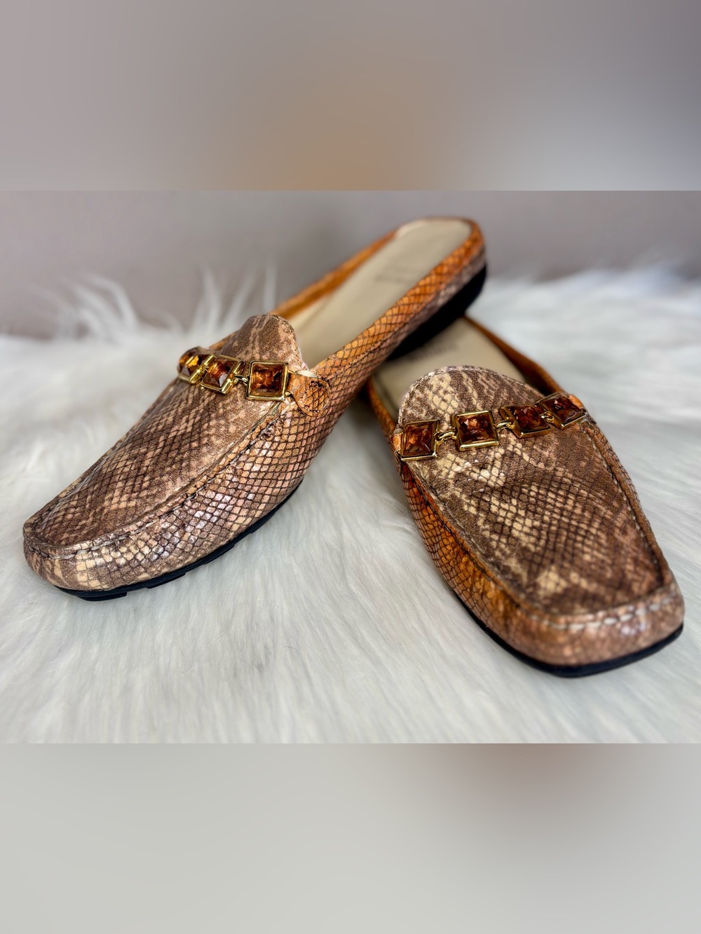 STUART WEITZMAN Brown Snake-Print Slip-On Mules w/Gold Chain